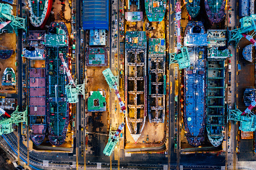 Aerial view of shipbuilding at a shipyard