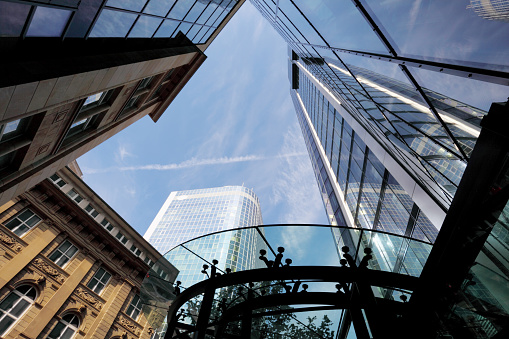 Old and new bank building glass facades