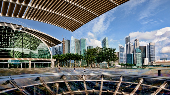 Overview from a pavilon in city into the blue sky