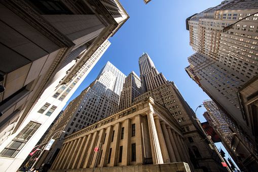 Wall street and financial district, wide angle view looking up